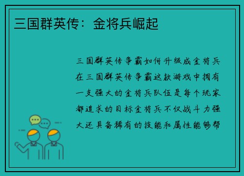 三国群英传：金将兵崛起
